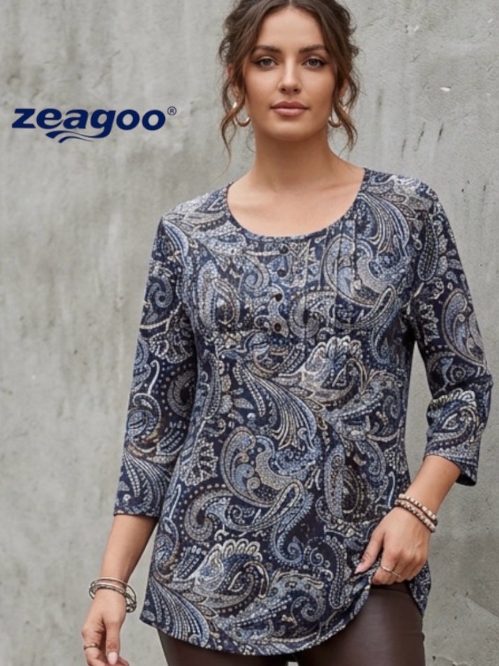 3X Paisley Print 3/4-Sleeve Women’s Top - Blue
